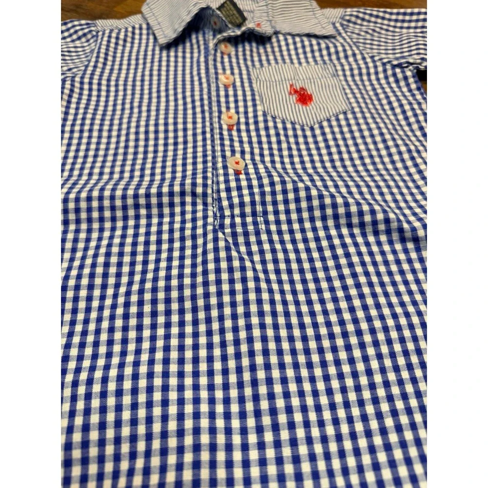 Boys U.S. Polo Assn. blue plaid summer romper. Size 6/9 months. Horse logo.